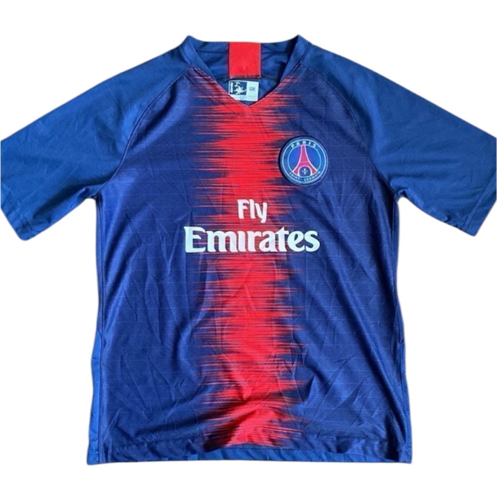 Paris Saint-Germain Fly Emirates Blue Red Short Sleeve Tee Soccer Jersey